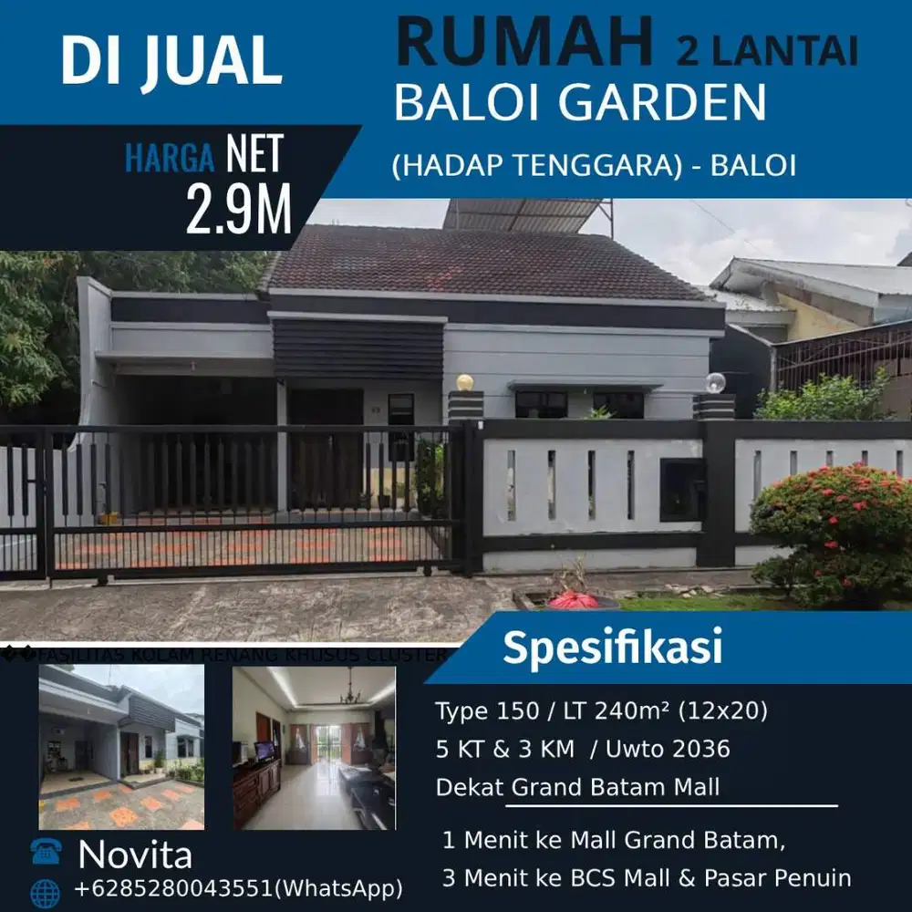 Rumah 2 Lantai di BALOI GARDEN, Dekat Grand Batam Mall.