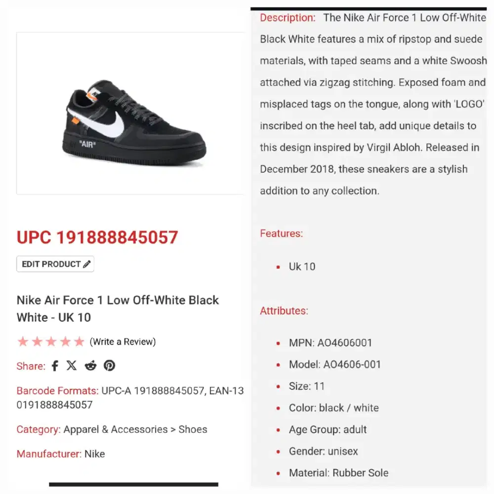 Sepatu sneaker Nike Air Force 1 Off-White size 45 Second Original