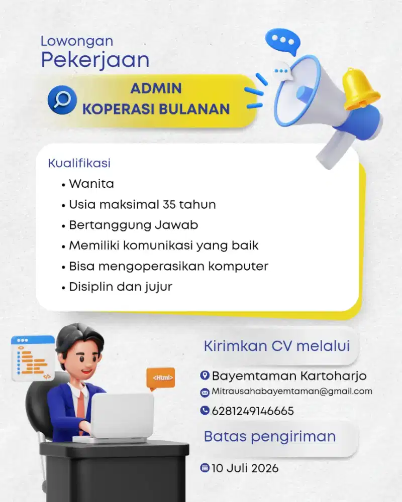 Dicari admin koperasi
