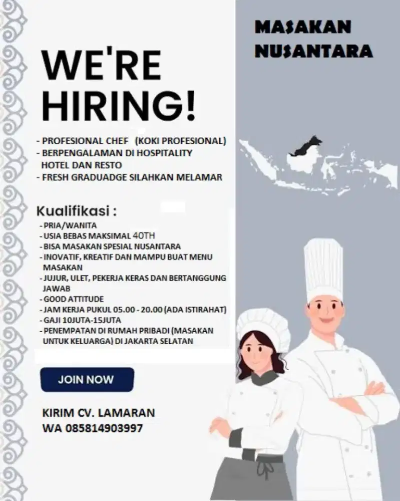 DI BUTUHKAN CHEF/KOKI PROFESIONAL BERPENGALAMAN!
