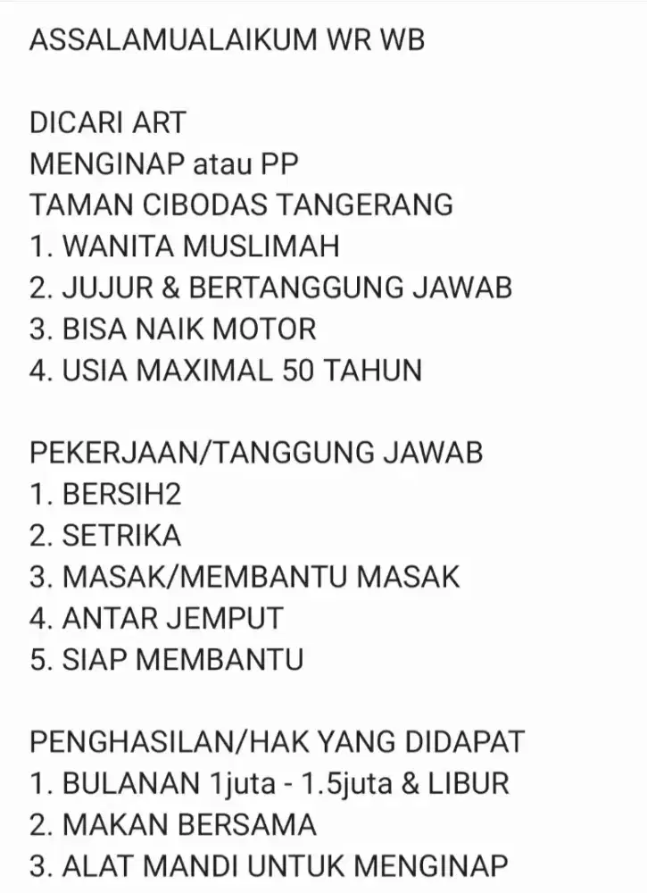 DIBUTUHKAN ART MENGINAP DI CIBODAS KOTA TANGERANG