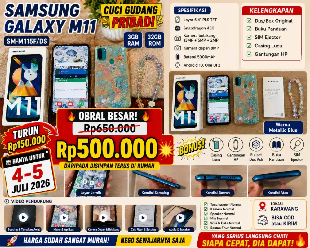 Samsung Galaxy M11 (SM-M115F/DS) 3/32GB Fullset Siap Pakai