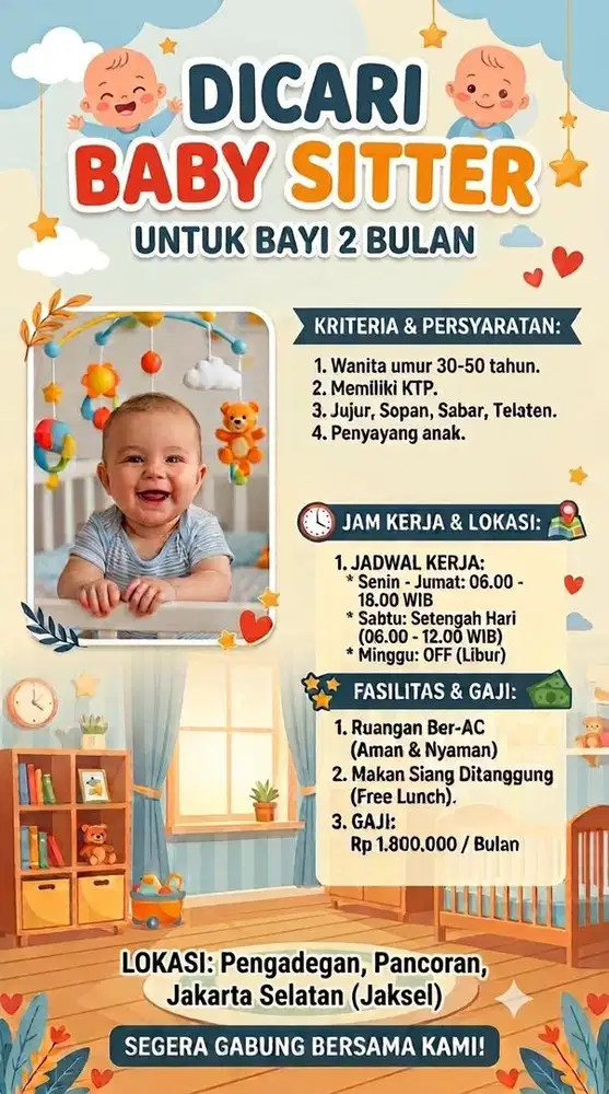 Dicari Baby Sitter untuk anak usia 2 bulan