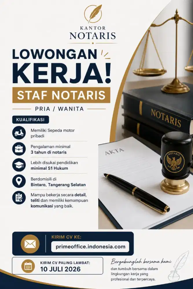 Lowongan kerja Staf Notaris Pria/Wanita