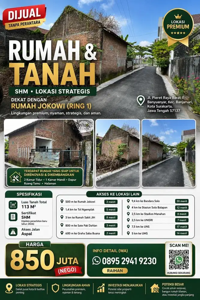 Dijual Rumah & Tanah SHM, Strategis, Ring 1 area Rumah Jokowi