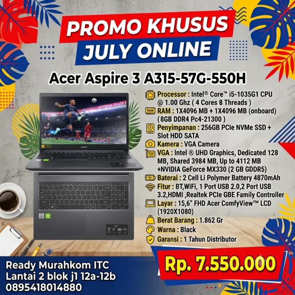 Baru Acer Aspire 3 A315-57G-550H  Intel i5-1035G1 8GB RAM  NVIDIAMX330