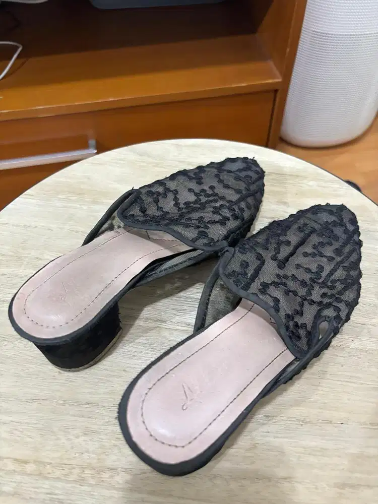 Black Mesh Lace Block Heel Mules