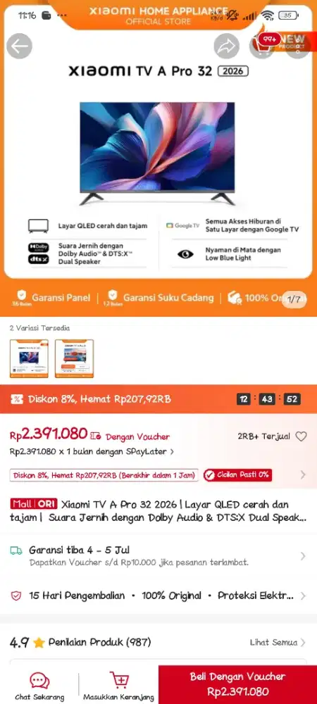 Google tv Xiaomi A PRO 2026 layar QLED 32 inch