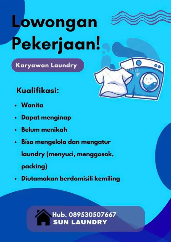 Dibutuhkan karyawan laundry, menginap untuk daerah kemiling.
