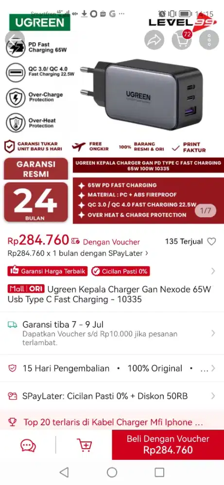 UGREEN GAN NEXODE 65W Kepala Charger USB Type C Fast Charging
