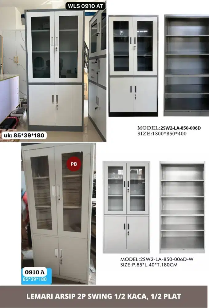 LEMARI ARSIP PLAT METAL 2 PINTU, 1/2 KACA 1/2 PLAT SWING DOOR