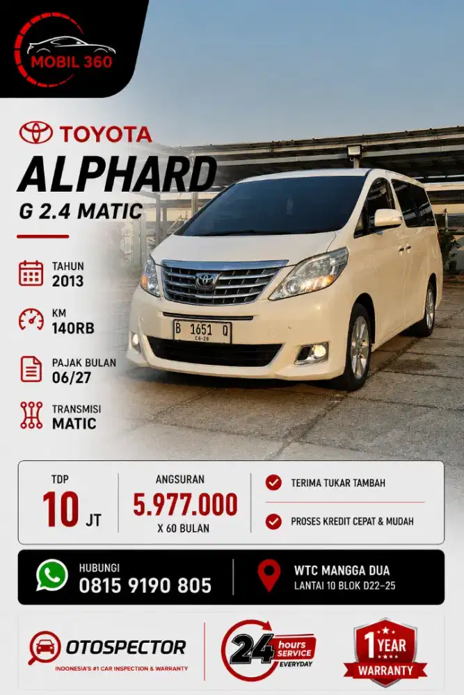 Alphard G 2.4 matic tahun 2013 putih
