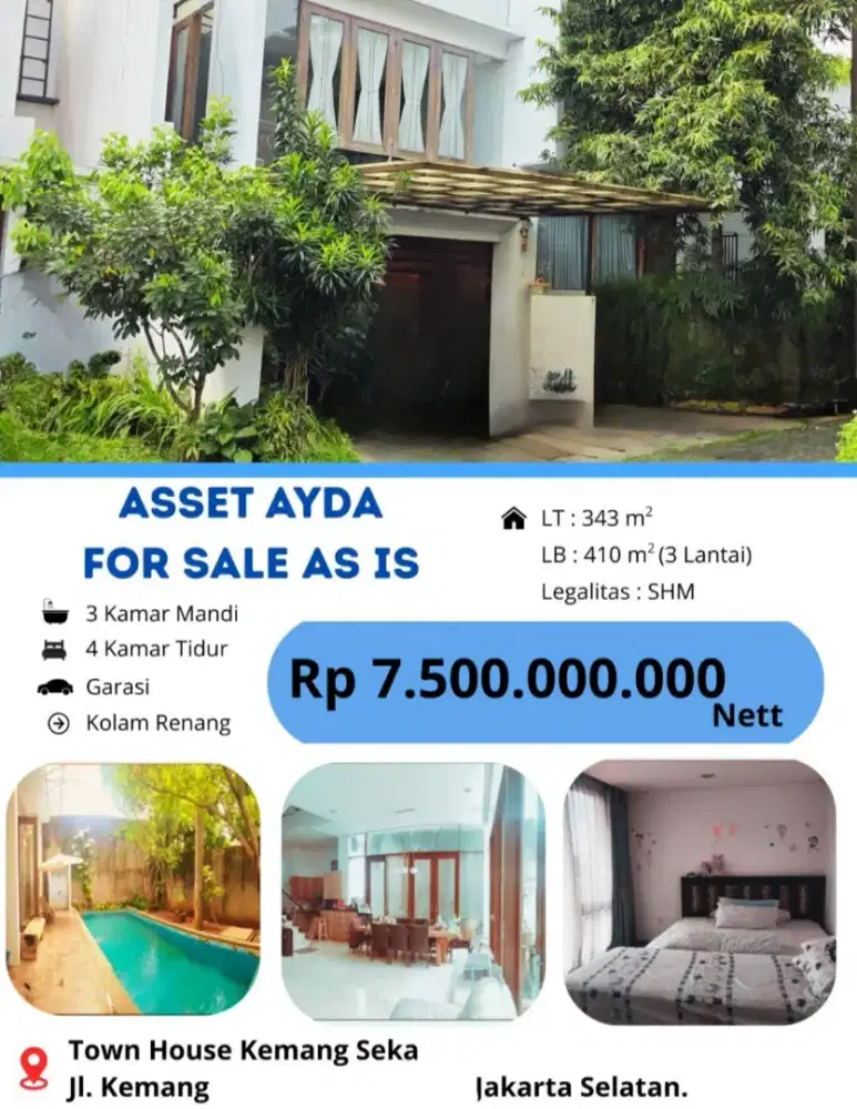 Dijual Rumah 3 Lantai Town House Kemang Seka