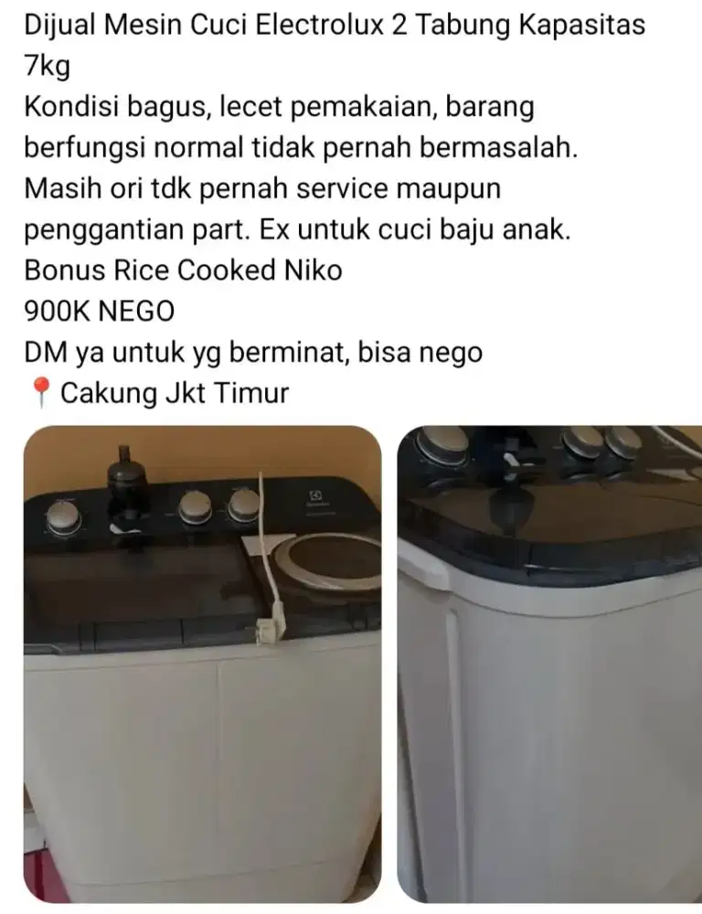 Mesin Cuci Electrolux 2 Tabung Kapasitas 7kg