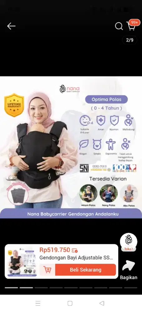 Gendongan optima polos dari usia 0-4 thn