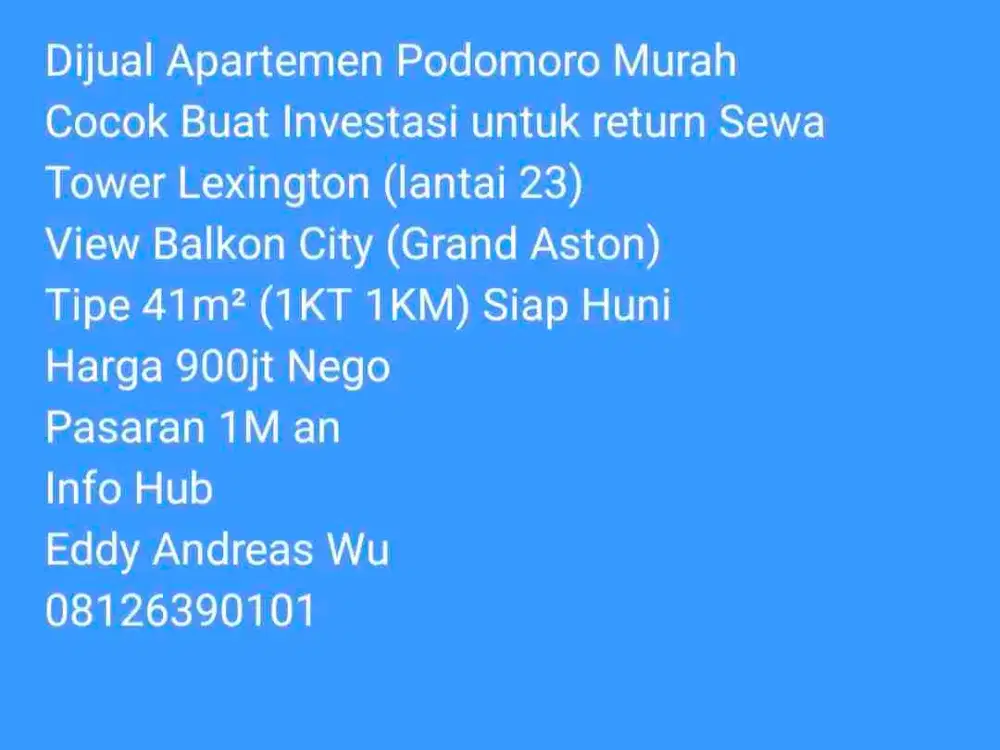 Dijual Apartemen Podomoro Murah View Cantik