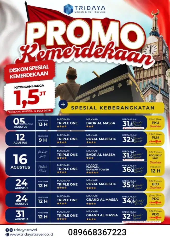 Paket Umroh Padang Pekanbaru  Tridaya 2026 2027 & Daftar Haji Khusus