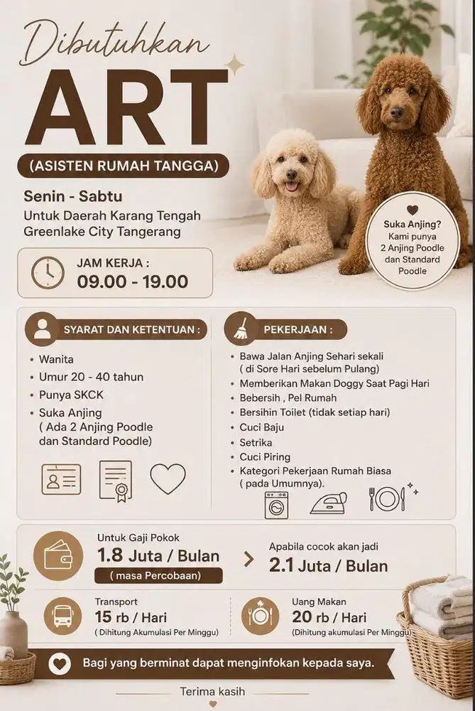Dicari ART harus suka anjing