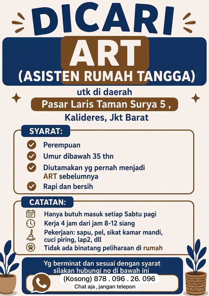 Dicari ART Taman Surya 5 Jakbar