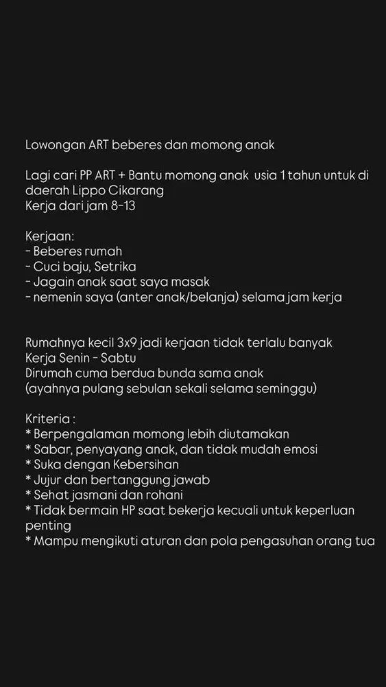 Dicari ART Momong PP Cikarang