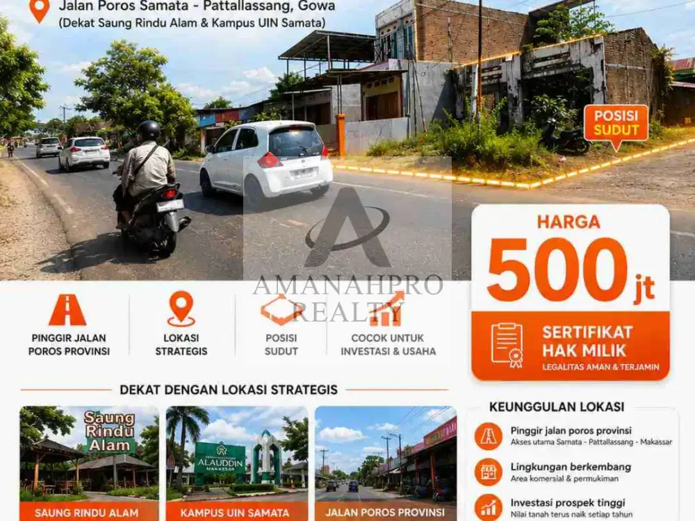 JUAL TANAH PINGGIR JALAN POROS SAMATA-PATTALLASANG DEKAT KAMPUS UIN SAMATA & SAUNG RINDU ALAM
