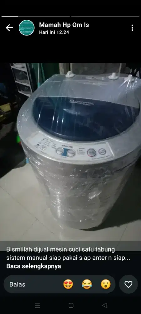 Mesin cuci satu tabung merk Sharp kapasitas 9kg sistem manual