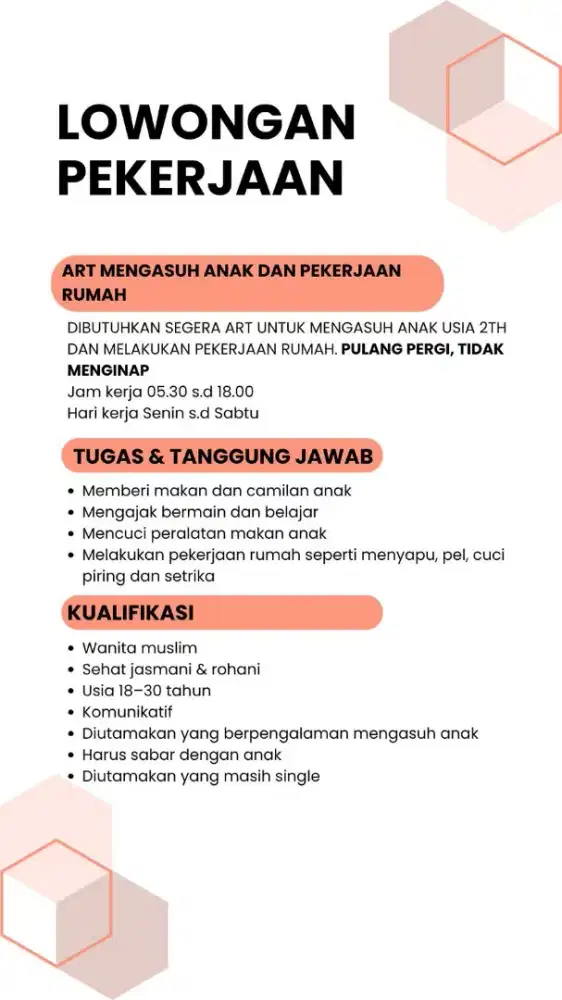 Dibutuhkan segera ART Pulang Pergi (PP)