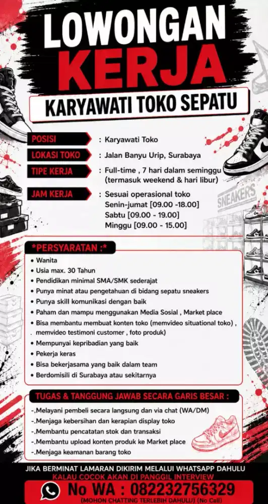 DIBUTUHKAN SEGERA KARYAWATI TOKO SEPATU SALES
