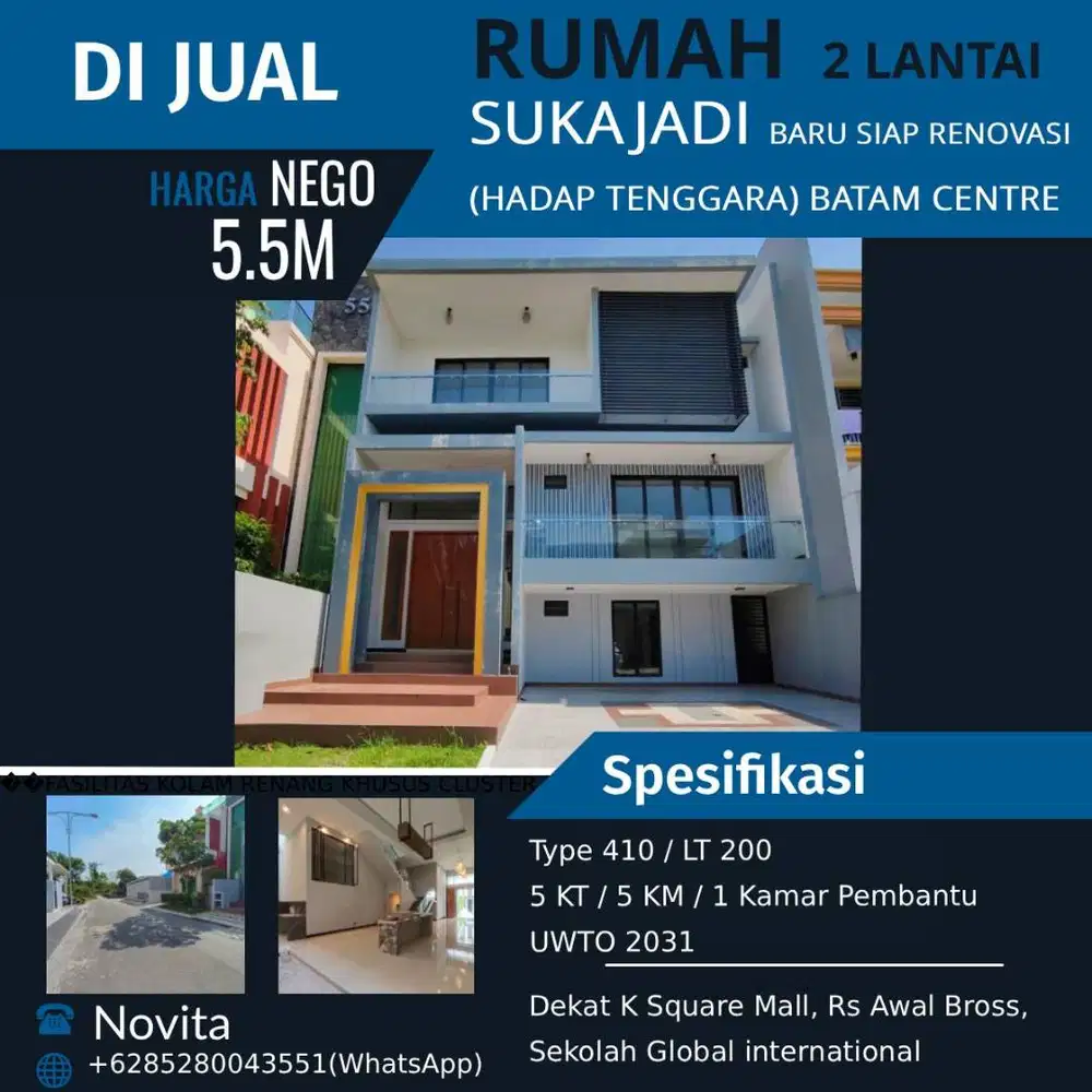 Rumah 2 Lt Baru Siap Renovasi SUKAJADI (Hadap Tenggara) Batam Centre