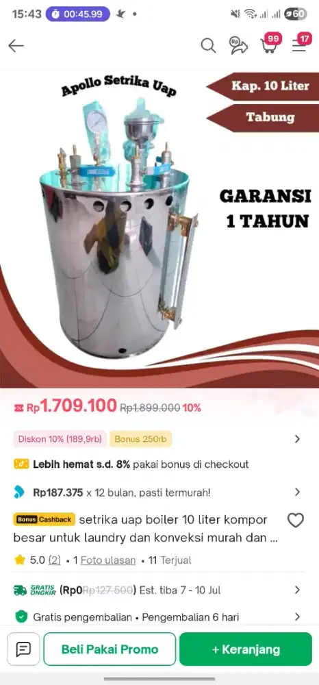 Tabung Boiler Strika Uap 10 litet Kondisi Baru