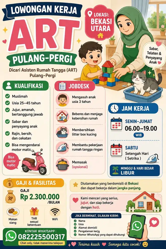LOWONGAN KERJA ART (PULANG-PERGI) – BEKASI UTARA