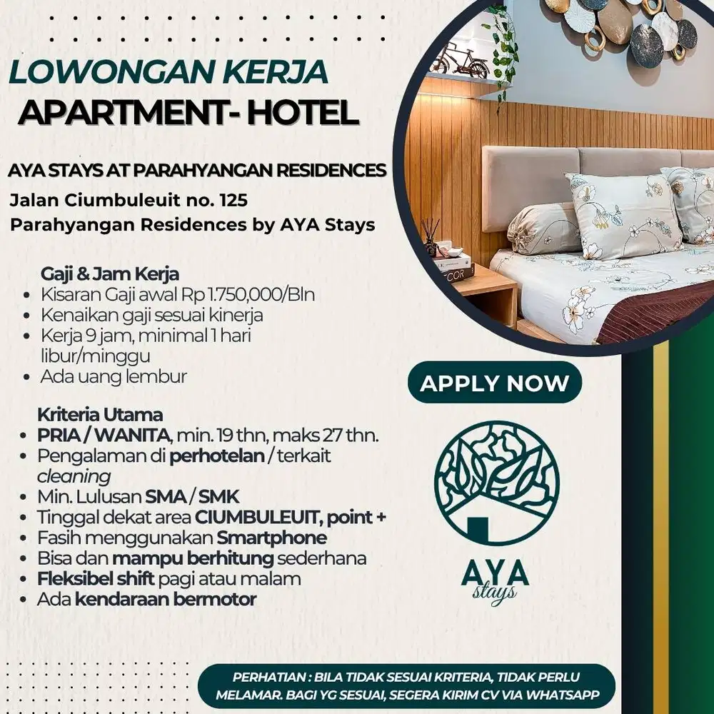 Lowongan Kerja Hotel Apartemen AYA Stays Ciumbuleuit Bandung