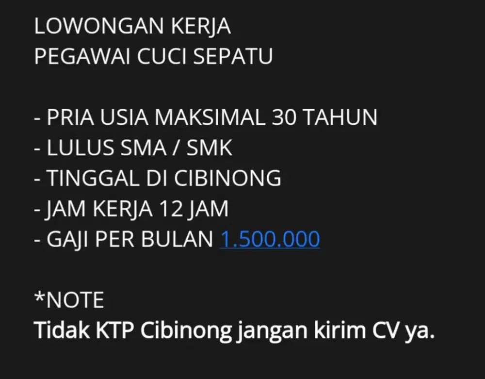 Lowongan kerja Pegawai Cuci Sepatu