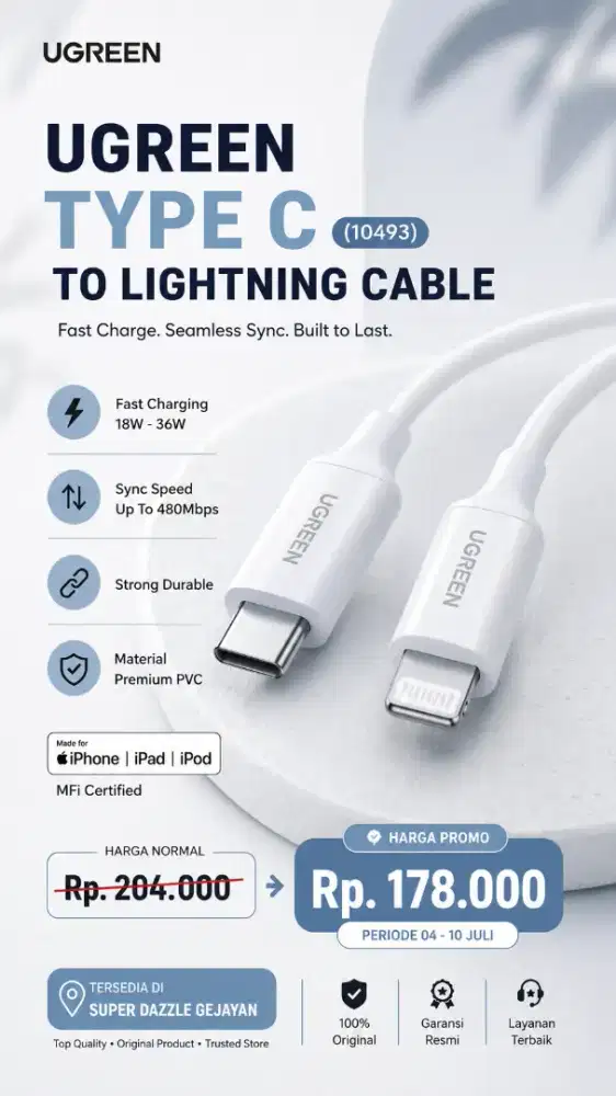 UGREEN TYPE C TO LIGHTNING MFI CABLE (10493)