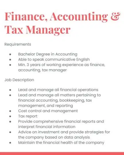 Manager Finance Accounting Tax - dibutuhkan segera