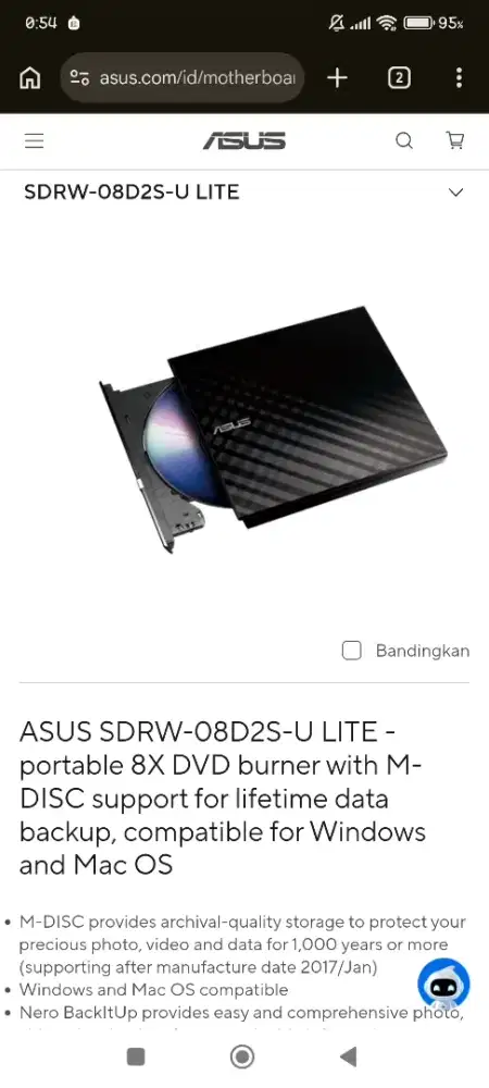 ASUS SDRW-08D2S-U LITE adalah drive DVD-RW