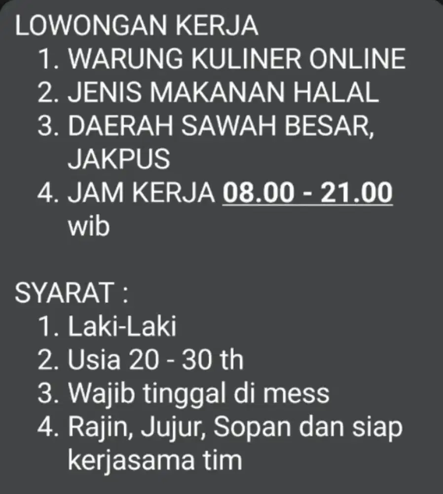 LOKER KARYAWAN KULINER ONLINE