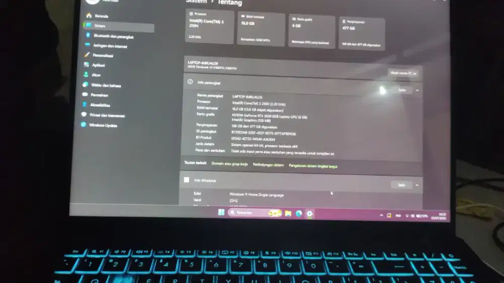 Dijual laptop Asus V16 RAM 16GB, GPU RTX 3050 6GB Processor Intel 5