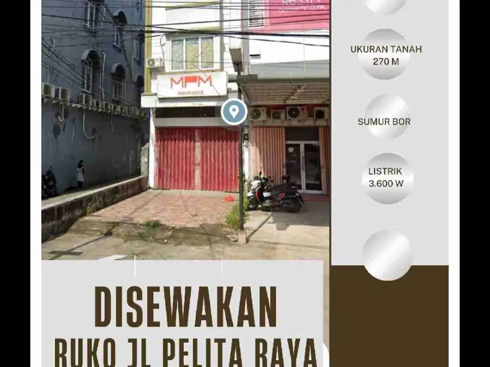 Ruko Jl. Pelita Raya 
Ukuran tanah 127 M2
3 Lantai
3600 watt
Sumur bor
Rp. 110jt /Tahun