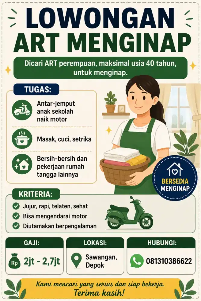 Lowongan ART (Asisten Rumah Tangga) Menginap