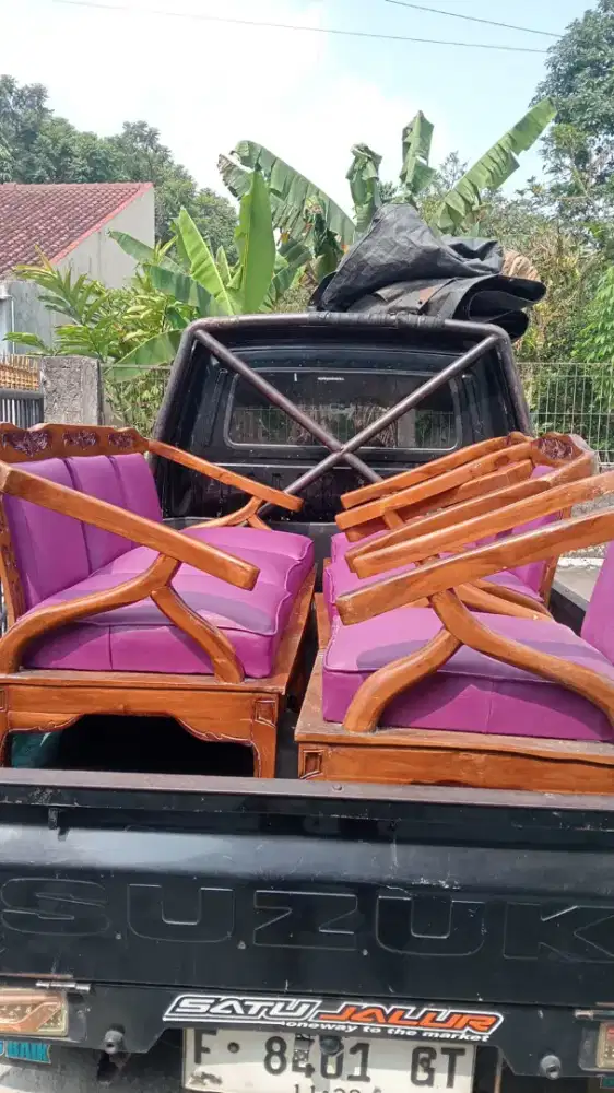 Meja kursi kayu jati bekas kain ungu baru ganti