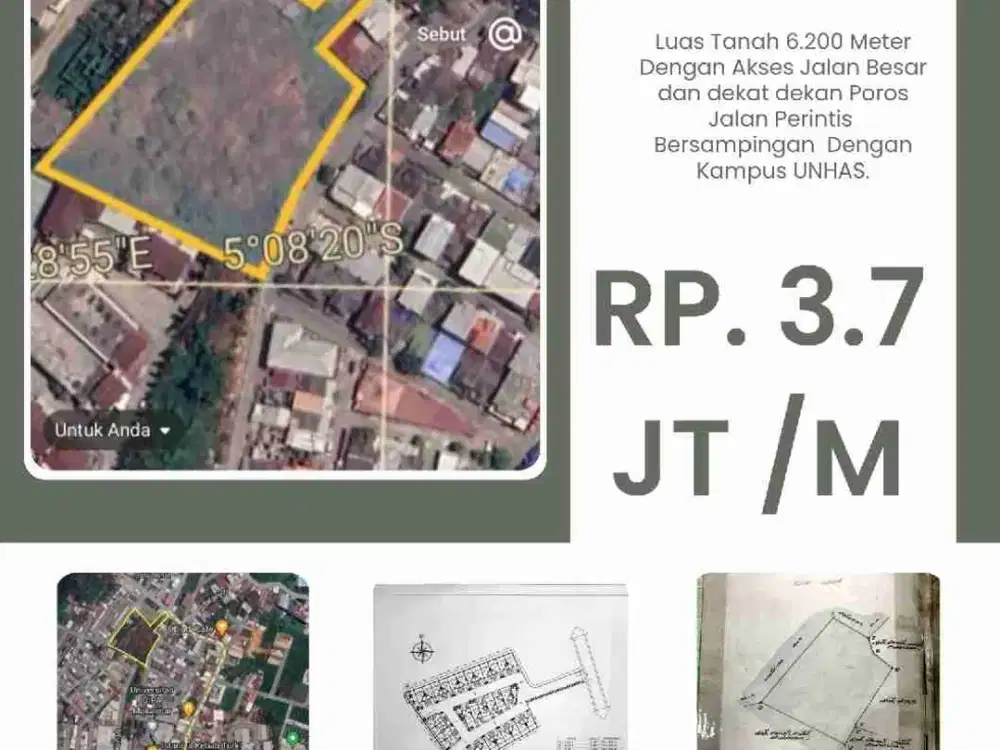 Tanah Perintis 7
Luas 6.200
Dekat Jalan Poros Perintis
Rp. 3.7 JT Permeter