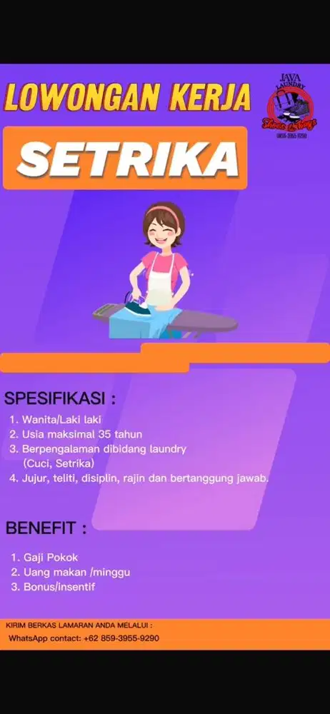 DIBUTUHKAN TUKANG GOSOK untuK di Laundry