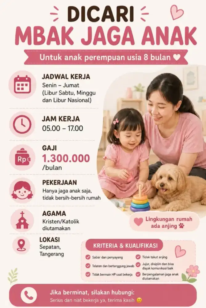 Dicari baby sitter / babysitter / PENGASUH bayi 8 bulan