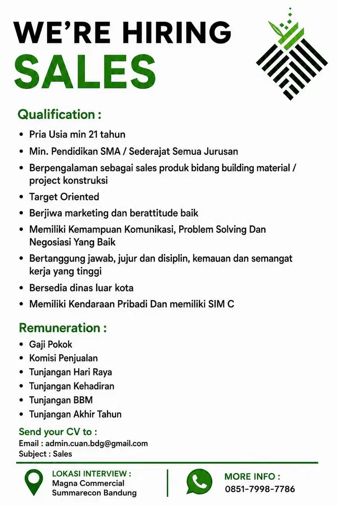 DIBUTUHKAN SEGERA SALES PROJECT / KOORDINATOR SALES /SALES AREA