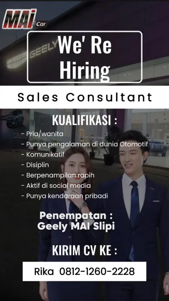 Dibutuhkan Lowongan Sales Automotive Geely