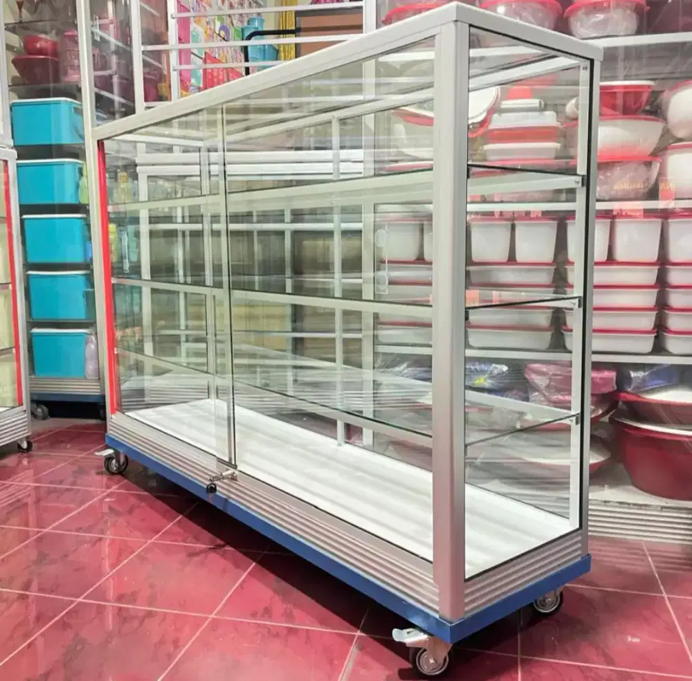Etalase Panjang 1,5 Meter Sudah PAKE RODA & Kunci