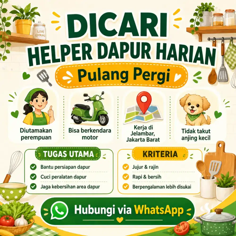 Dicari Kitchen Helper / Helper Dapur Harian Pulang Pergi - Jelambar
