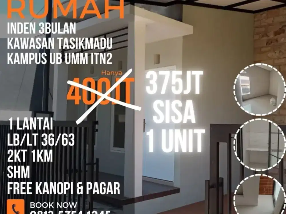 Rumah dijual di tasikmadu kawasan SUHAT UB ITN2 sisa 1 unit inden 375jt