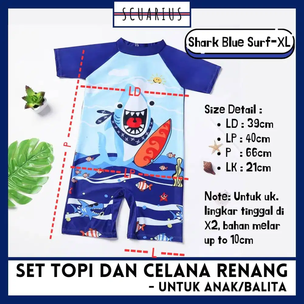 BAJU RENANG ANAK 1 SET | SWIMSUIT LENGAN PENDEK + TOPI RENANG